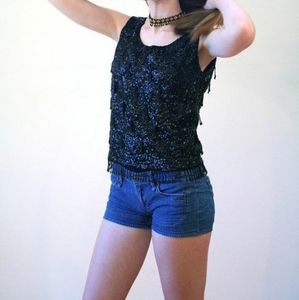 60s Black Sequin Top M, Beaded Fringed Tassels